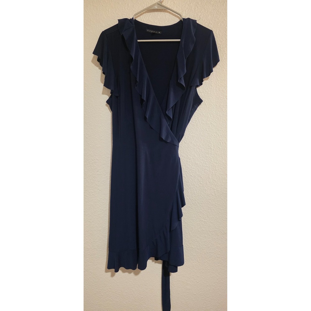 Tiana B Ruffle Wrap Dress Women's XL Blue Flutter Sleeve Elegant Chic Career USA
